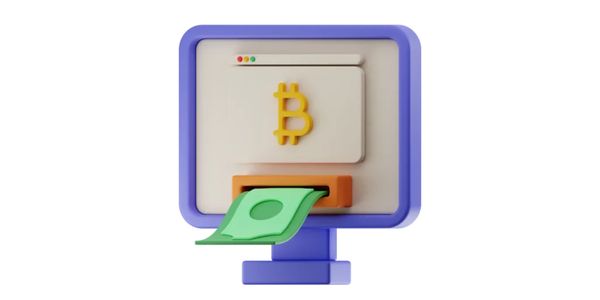 Computer dispensing cash with a bitcoin logo as showing how to sell bitcoin and crypto