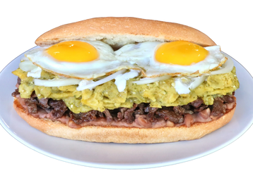 Green Chilaquiles, Steak, 2 Eggs, Sour Cream, Raw Onions, Queso & Refried Beans. One Bag of Potato C