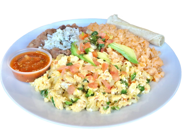 Scramble Eggs with Fresh Jalapeños, Tomatoes & Onions. Served with Rice and Refried Beans. Topped wi
