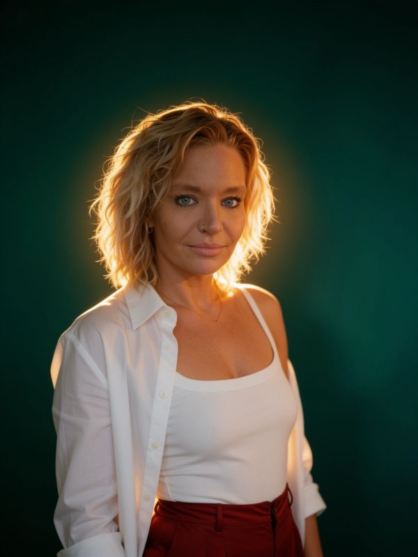 Blonde woman with halo-like backlight against dark green background.
