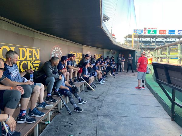 Marine Jacob Schick speaking to the Round Rock Express baseball team.