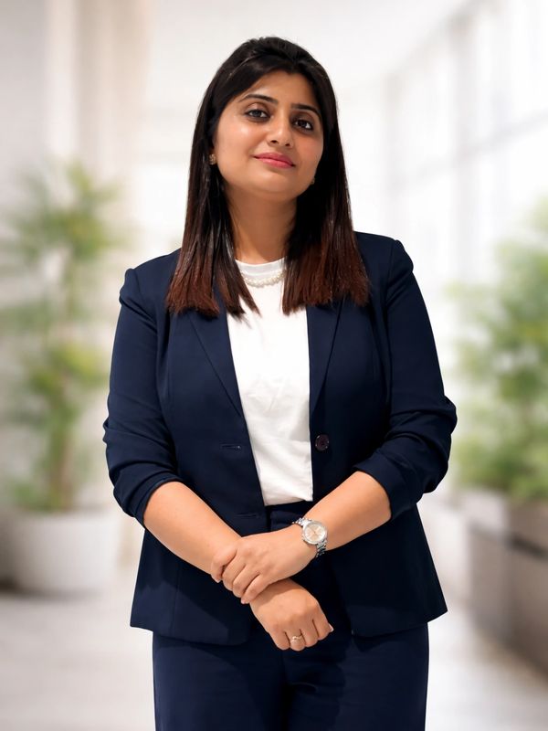 Confident woman in a navy blazer and white shirt stands with hands crossed.