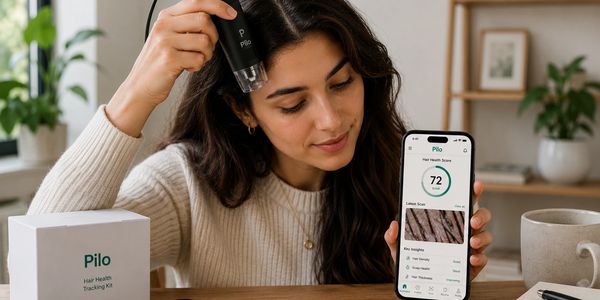 Woman using hair health tracking device while viewing results on phone.