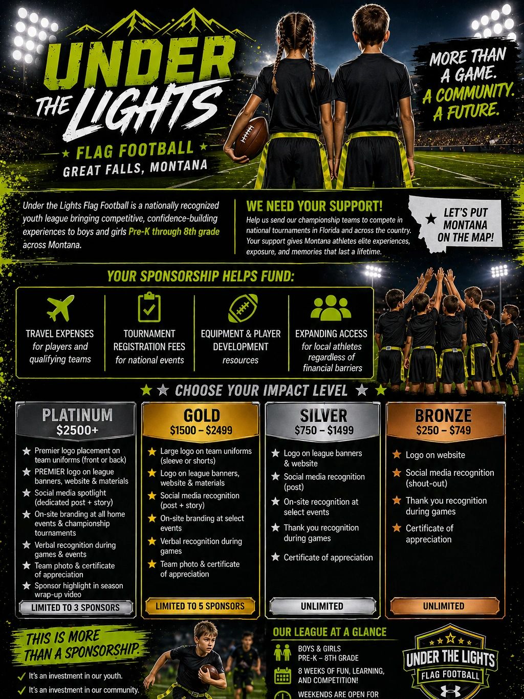 Under the Lights Flag Football sponsorship flyer for a Montana youth league.