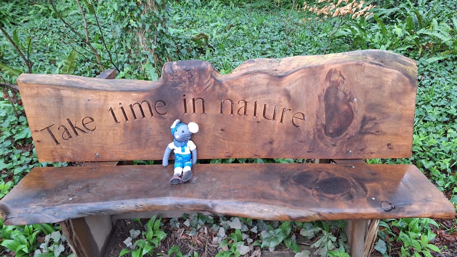 Thomas on the bench at the Orchard Forest School where he learns to read with Big Tony
