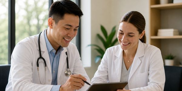 Two doctors discussing patient information on a digital tablet.