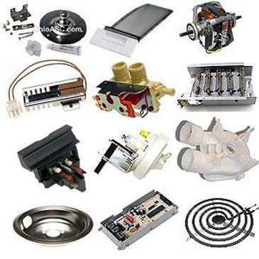 Various appliance parts. Heating element, pump, control board, igniter, water valve, bearing, motor.