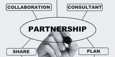 "Partnership" in a circle with the words collaboration, consultant, share, and plan surrounding it
