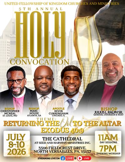 Flyer for the 5th Annual Holy Convocation with guest bishops and apostle.
