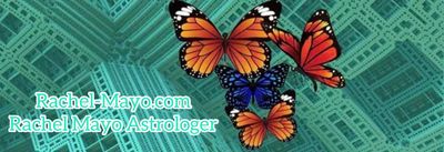 Colorful butterflies against a geometric teal background with Rachel Mayo Astrologer text.