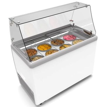 Ice cream display freezer with multiple flavors and a transparent lid.