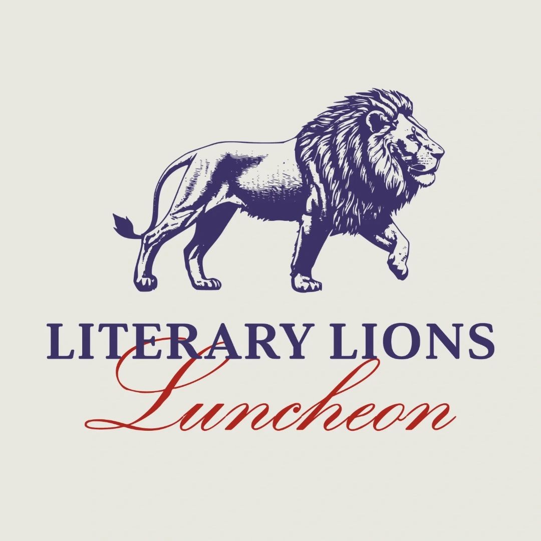 Elegant lion illustration with 'Literary Lions Luncheon' text in navy and red.