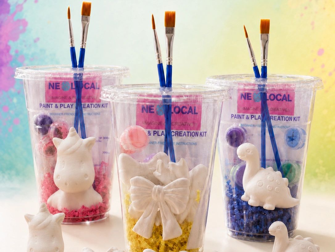 Three paint and play creation kits with brushes and clay figures.