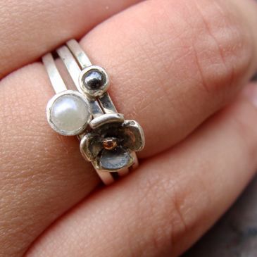 Silver handmade stacking rings, flower, pearl, hemetite