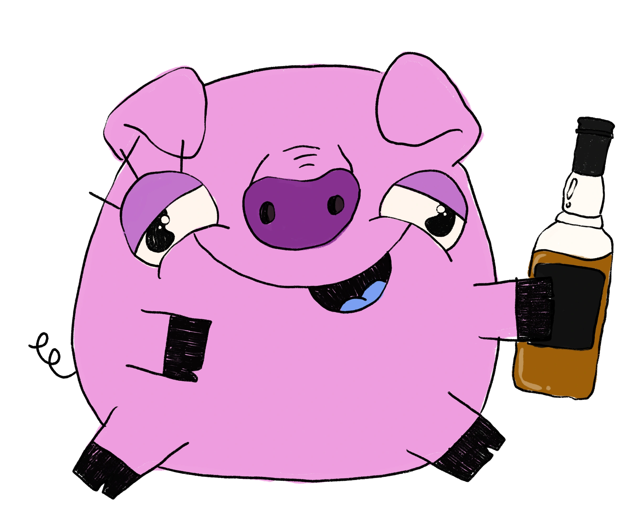 Picture of Pig holding bottle of alcohol representing the boozy line of candied bacon products