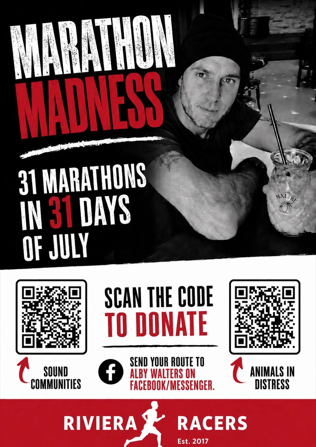 Charity marathon event poster with QR codes for donations.