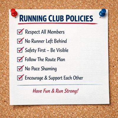 Running club policies emphasize respect, safety, and support among members.