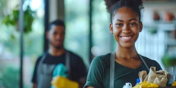 Smiling woman in apron holding groceries with a man in the background.