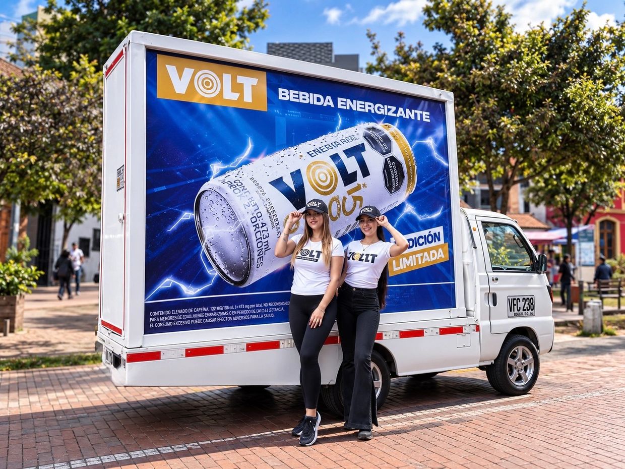 Promotoras de Publisual con gorra y camiseta de marca junto a un Carro Valla en Bogotá