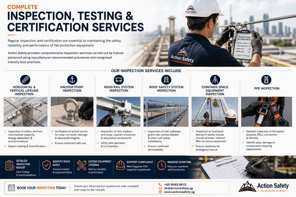 Worker inspecting safety equipment at a construction site for certification.