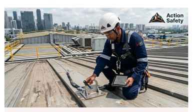 Safety inspector checking rooftop anchor point.