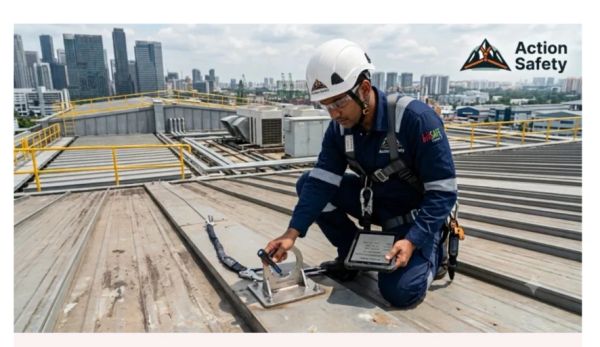 Worker inspecting rooftop equipment with safety gear.