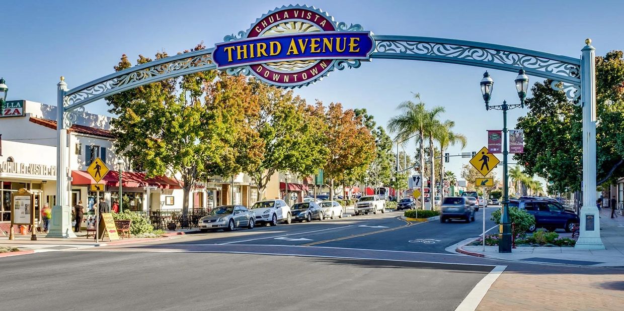 Third Avenue in downtown Chula Vista. Small shops and stores.