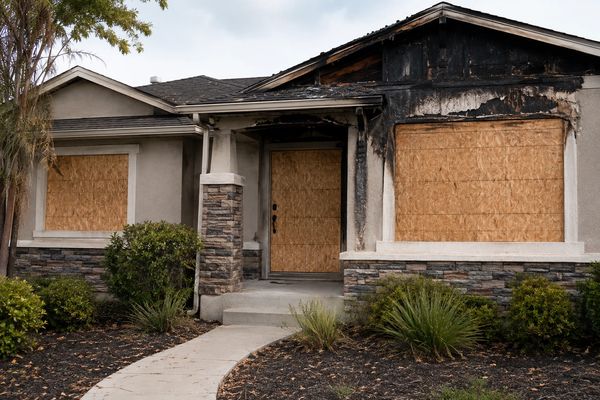 Exterior of burned home boarded up
