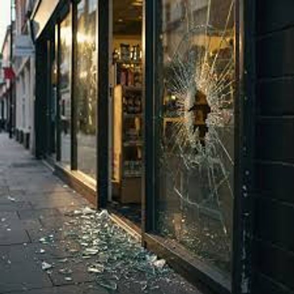 Store front window vandalized with rock through window