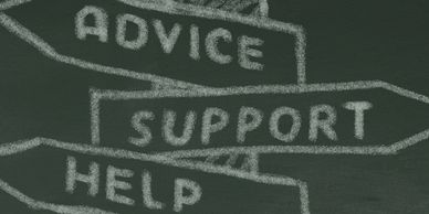 A sign board showing which way to turn for marketing advice, support or help.