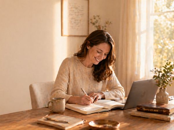 A woman happily writing in a notebook at a cozy wooden table with a laptop.