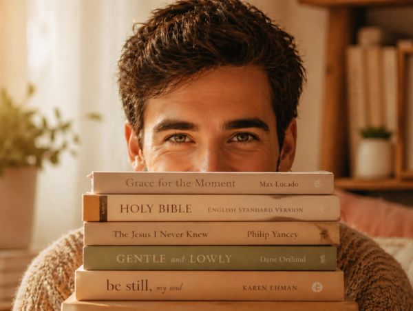 Man peeking over a stack of spiritual and religious books.