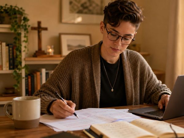 Person with glasses studying and writing notes at a wooden desk with coffee and laptop.