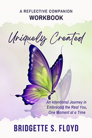 Book cover of 'Uniquely Created' workbook with a purple and green butterfly.