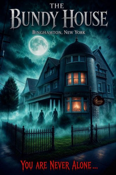 Spooky haunted house at night with eerie figures.