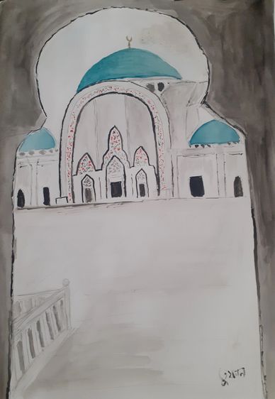 Kuala Lumpur Federal Territory Mosque Malaysia painted by Toofan Majumder Watercolor on paper art