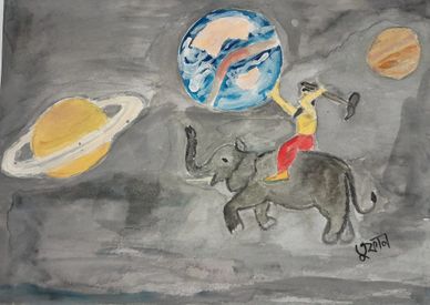 Lord Vishwakarma is building the Universe is a painting by Toofan Majumder. In Hindu Mythology belie