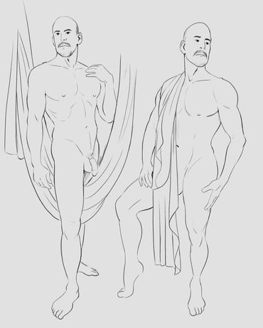 2 Line drawings of Ken standing. One draped from his right shoulder, and one straddling the drape.