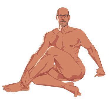 Hand drawn, digital image of Ken, seated in a yoga like position, wearing glasses.
