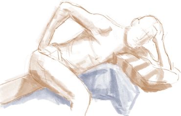 Two color digital sketch of Ken reclining on his left side, head propped up by left hand.