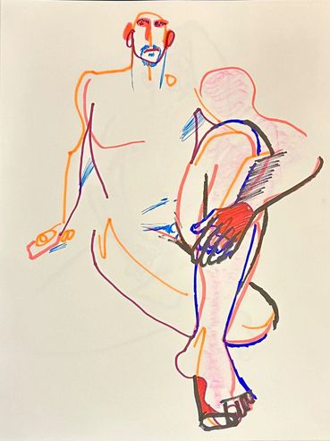 Multicolor pen sketch of Ken seated with one leg tucked under him and grasping the other raised knee