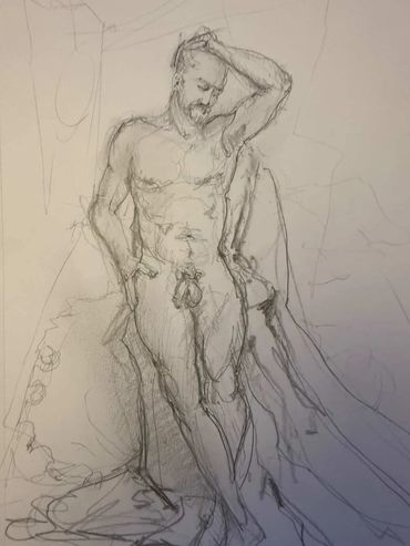 Intricate line drawing of a nude Ken, who's standing with one hand on his head and looking downward.