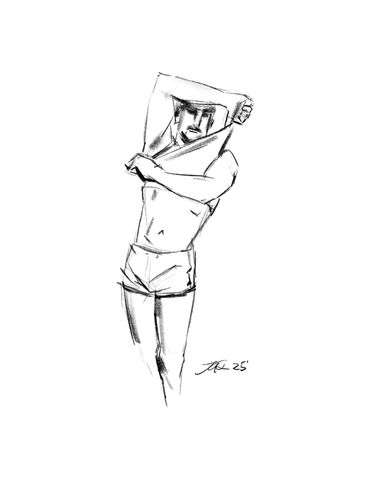 Line drawing of Ken, who's wearing short gym shorts and is removing his tank top.