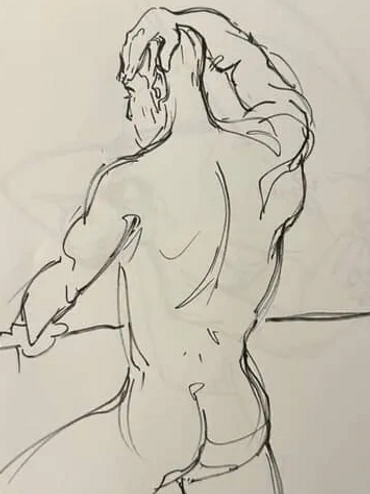 Line drawing of Ken's back and buttocks.