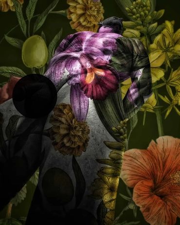 Photo of Ken looking up his body from the knees. His body has been superimposed with florals.