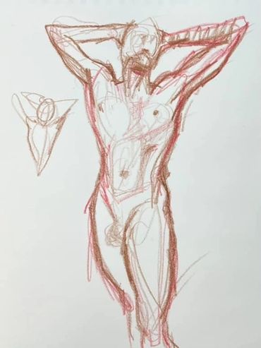Line drawing of Ken whose hands are behind his head with elbows spread apart.