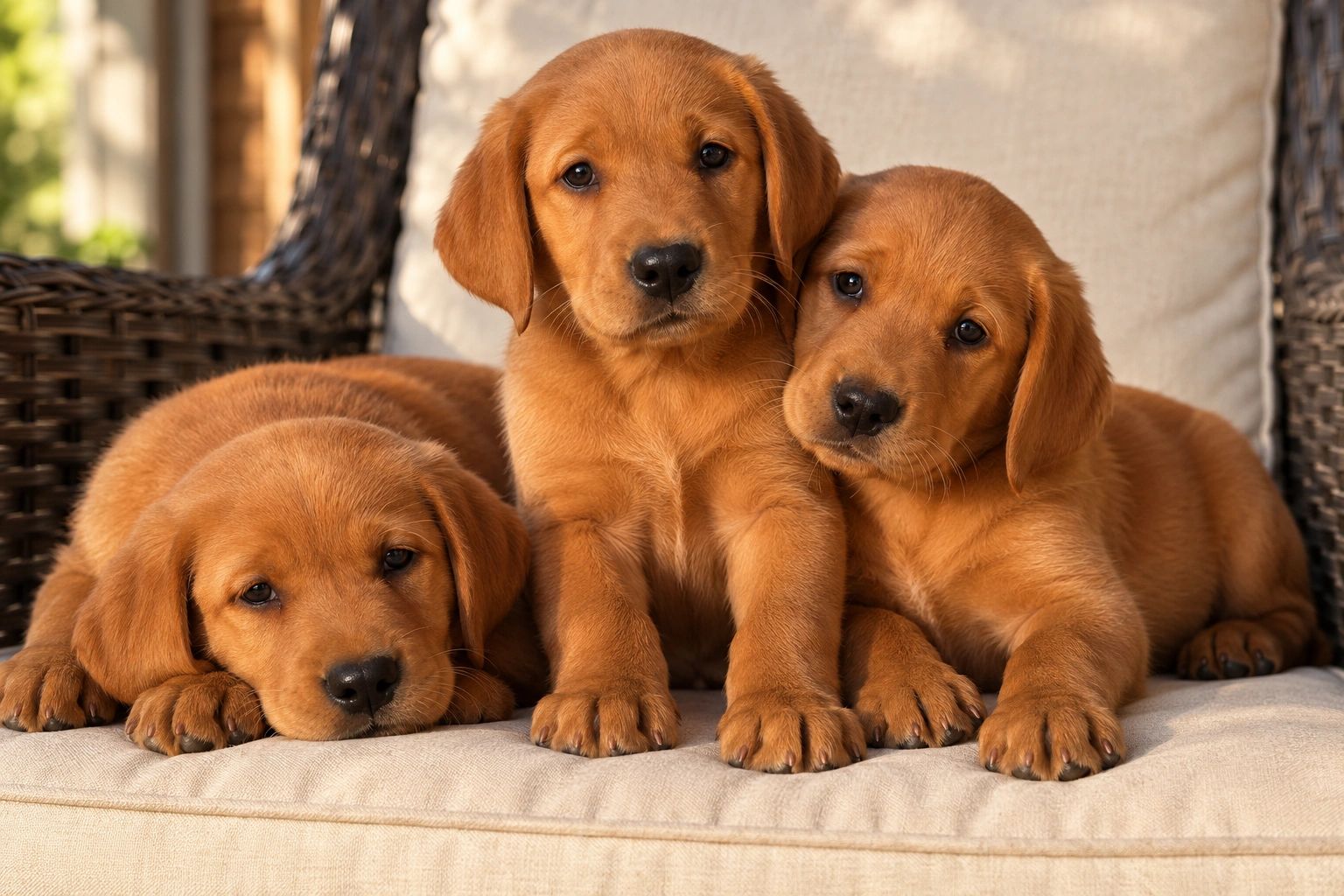 Three adorable golden retriever puppies resting together.