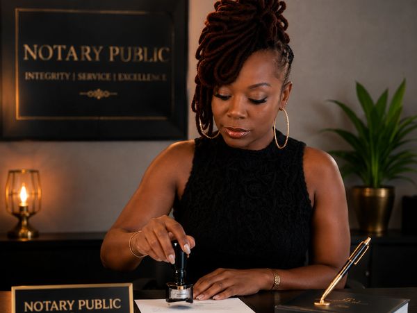 A woman notarizing a document at a professional notary public office.