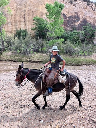A young cowboy rides his mule through a stream in the Paria area of southern Utah