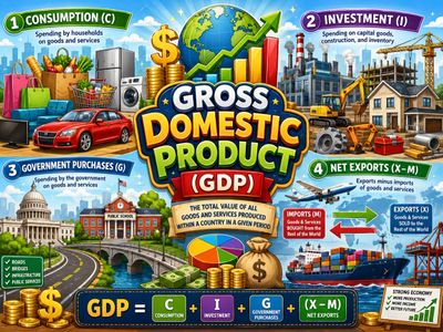 Colorful infographic explaining Gross Domestic Product (GDP) components and formula.